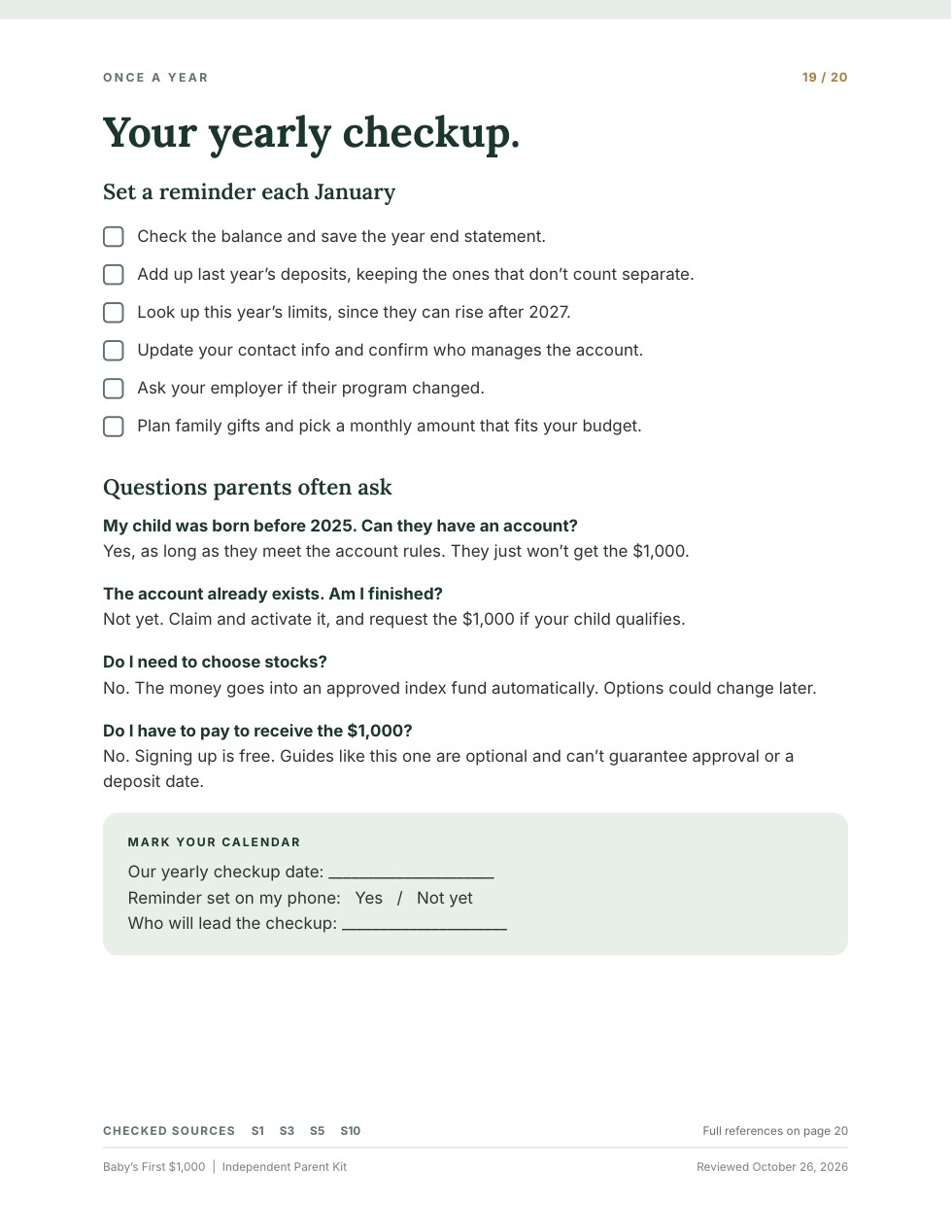 Yearly checkup page from the parent kit